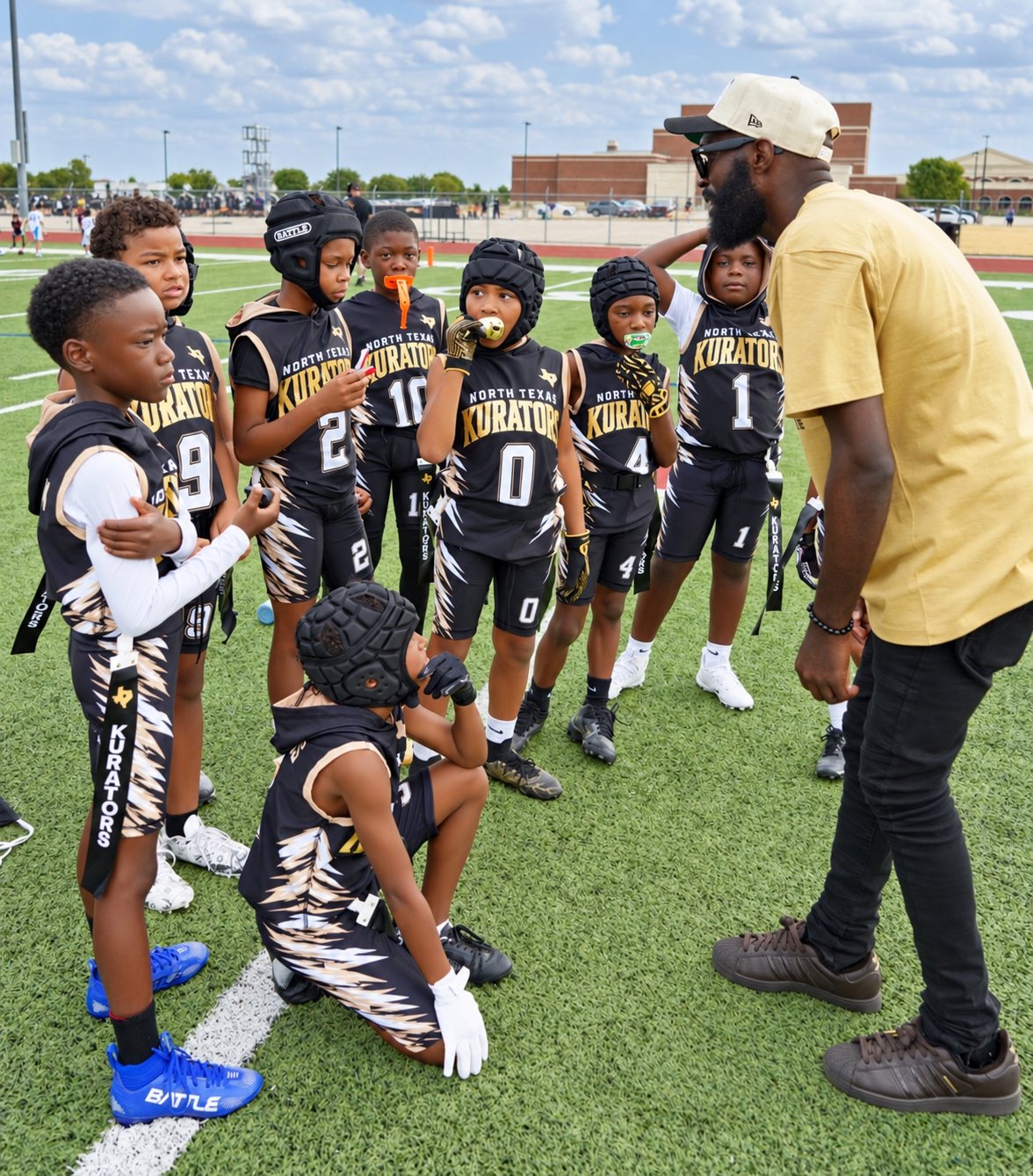 Coach Brennan Poindexter talking with North Texas Kurators players on the field